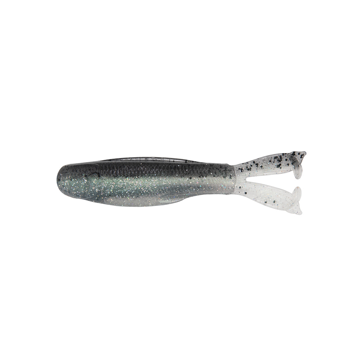 Fishing lure in gray-silver with speckled glitter and translucent split tail fins