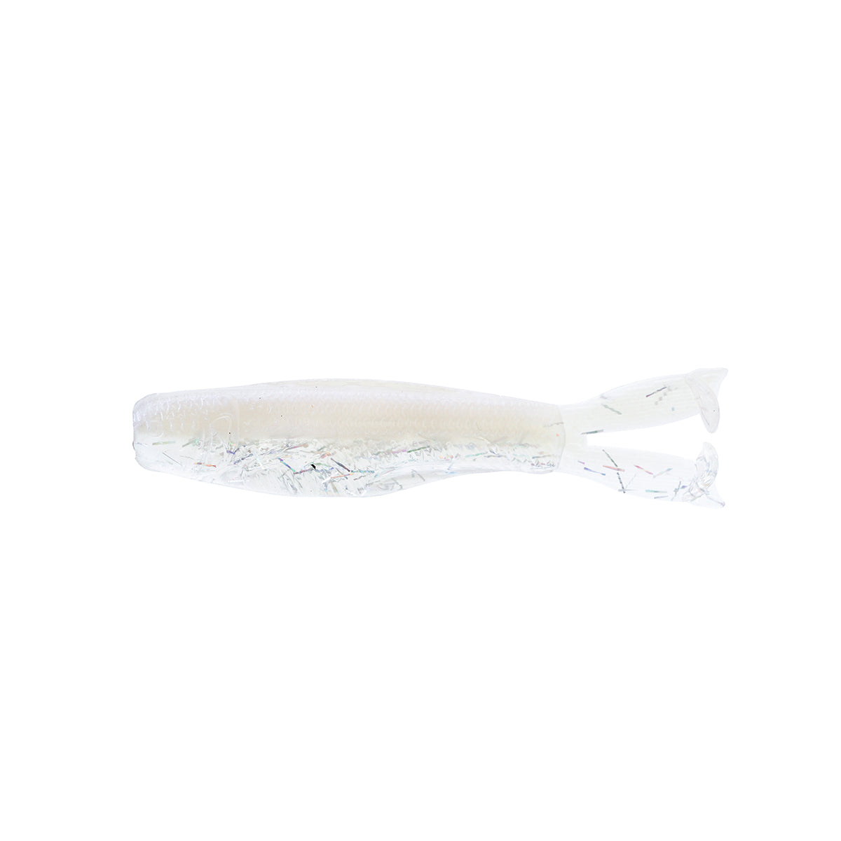 Fishing lure in white pearl with subtle glitter and translucent split tail fins