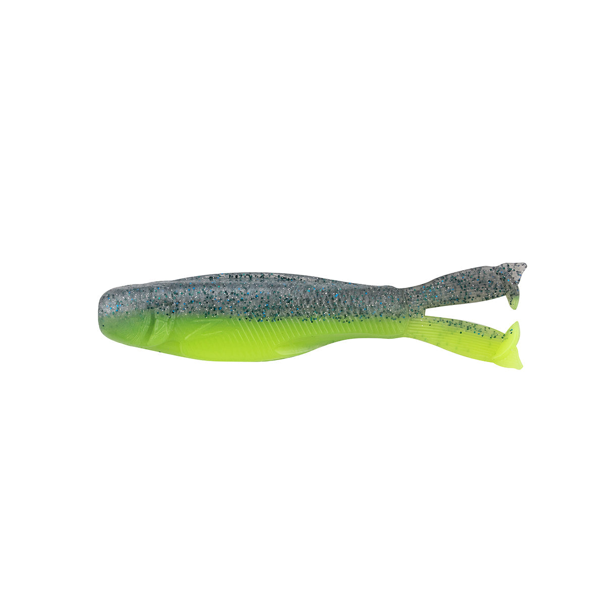 Fishing lure in neon green with dark glitter back and split tail fin
