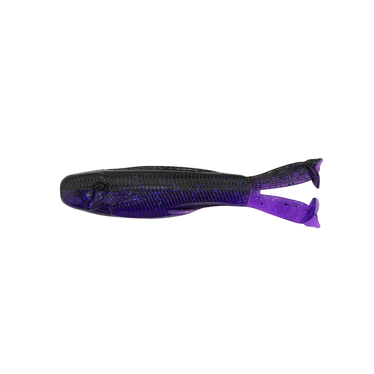 Fishing lure in deep blue-purple with glitter texture and split tail fins