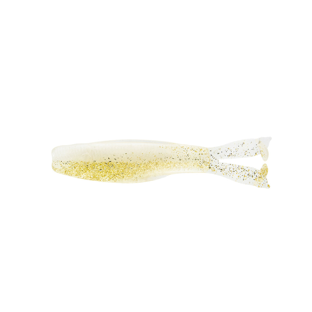 Fishing lure in pearl white with gold glitter, translucent split tail fins