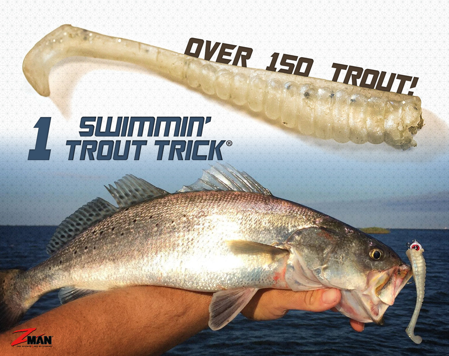 Translucent speckled tan swimbait lure shown with a caught fish