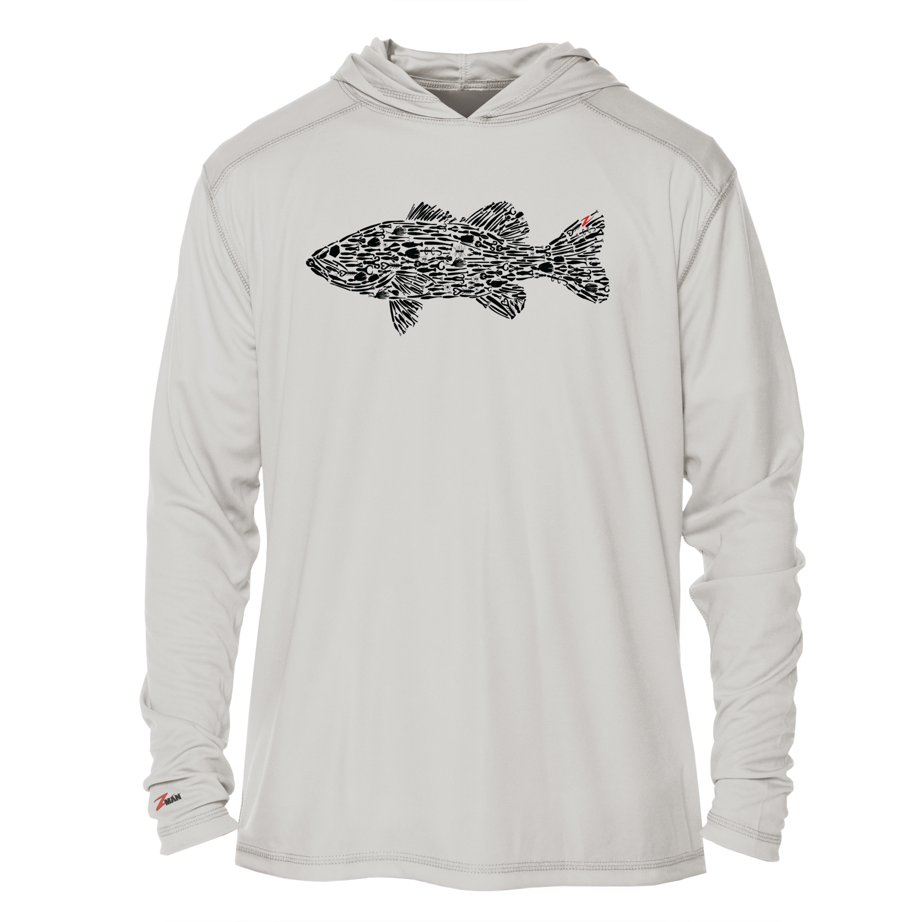 Bass BaitZ tech hoodie, light gray with hood and large fish graphic on chest