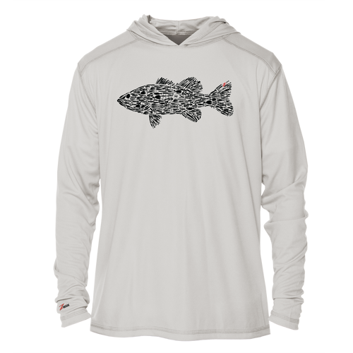 Bass BaitZ tech hoodie, light gray with hood and large fish graphic on chest