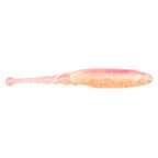 Pink speckled soft fishing lure with translucent body and round head, side view