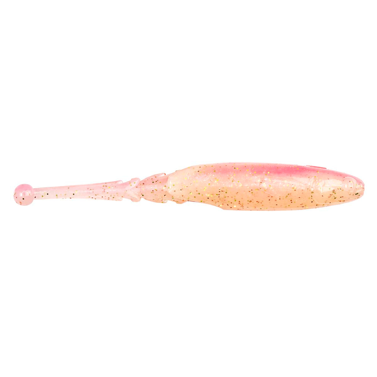 Pink speckled soft fishing lure with translucent body and round head, side view