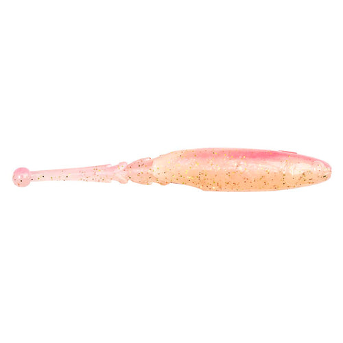 Pink speckled soft fishing lure with translucent body and round head, side view
