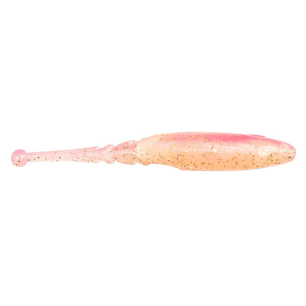 Pink glitter soft fishing lure with translucent body and round head, side view