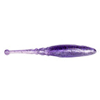 Purple glitter soft fishing lure with translucent body and round head, side view