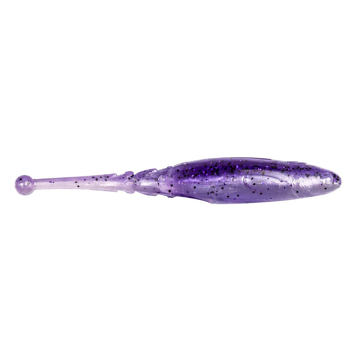 Purple speckled soft fishing lure with translucent body and round head, side view
