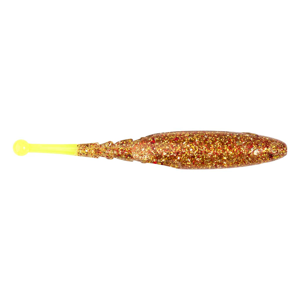 Gold glitter soft fishing lure with yellow head and translucent tail, side view