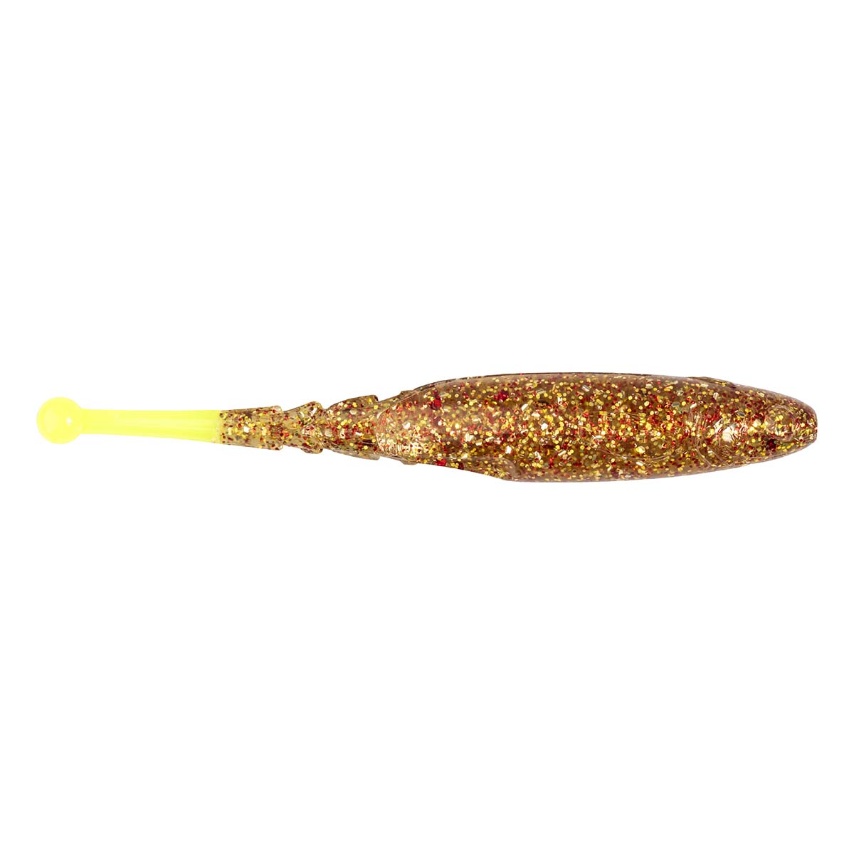 Gold glitter soft fishing lure with yellow head and translucent tail, side view