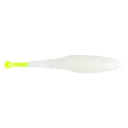 Translucent white soft fishing lure with chartreuse/yellow head and tapered body