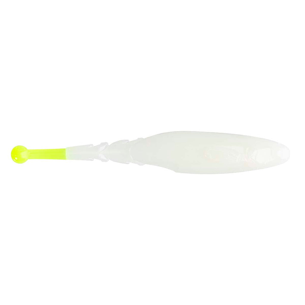 Translucent white soft fishing lure with bright chartreuse head, side view