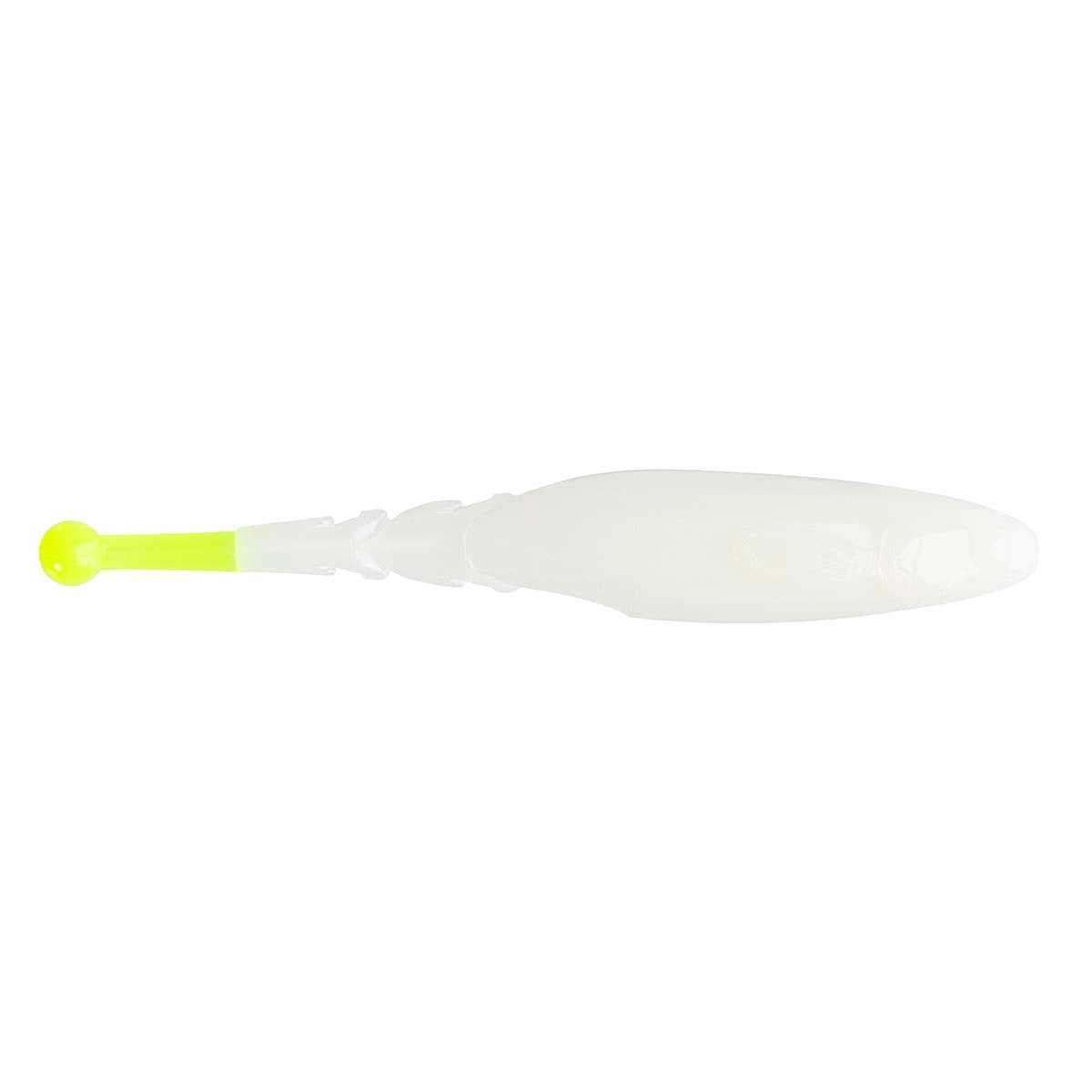 Translucent white soft fishing lure with bright chartreuse head, side view