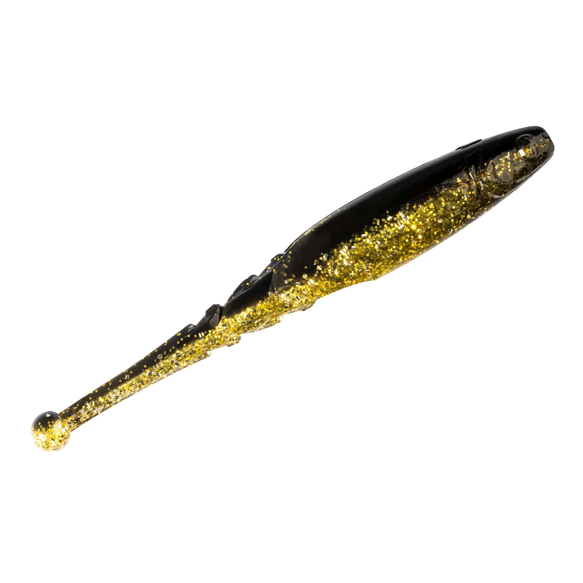 Gold glitter soft fishing lure with dark body, tapered shape and small bulb nose