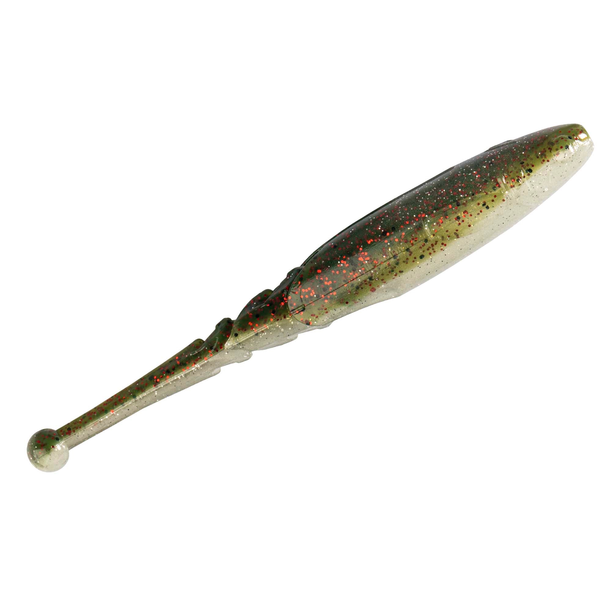 Green and brown speckled soft fishing lure with clear body tones and bulb nose