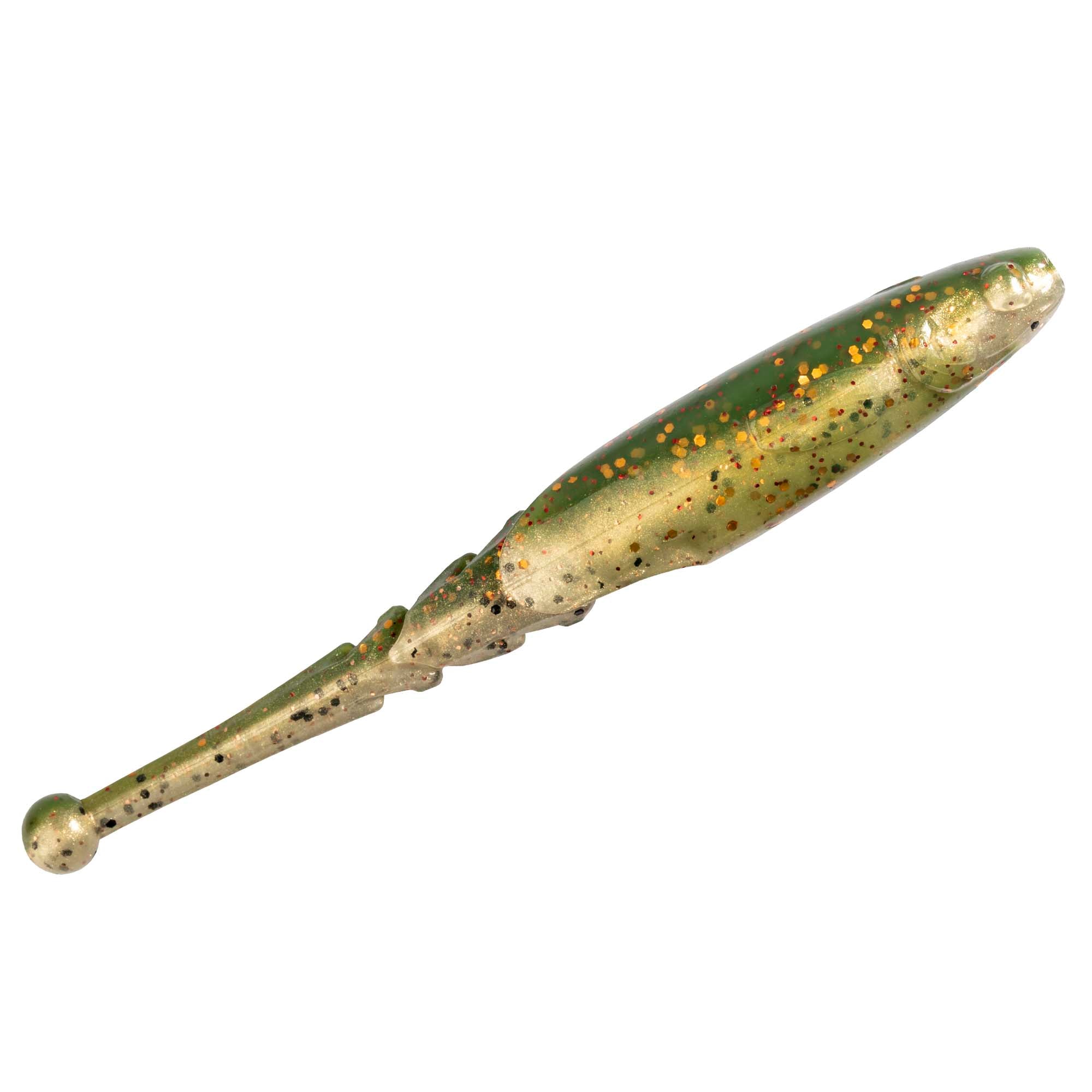 Green and tan spotted soft fishing lure with translucent rounded tail