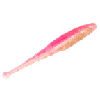 Pink glitter soft fishing lure with speckled finish, tapered body and small bulb nose