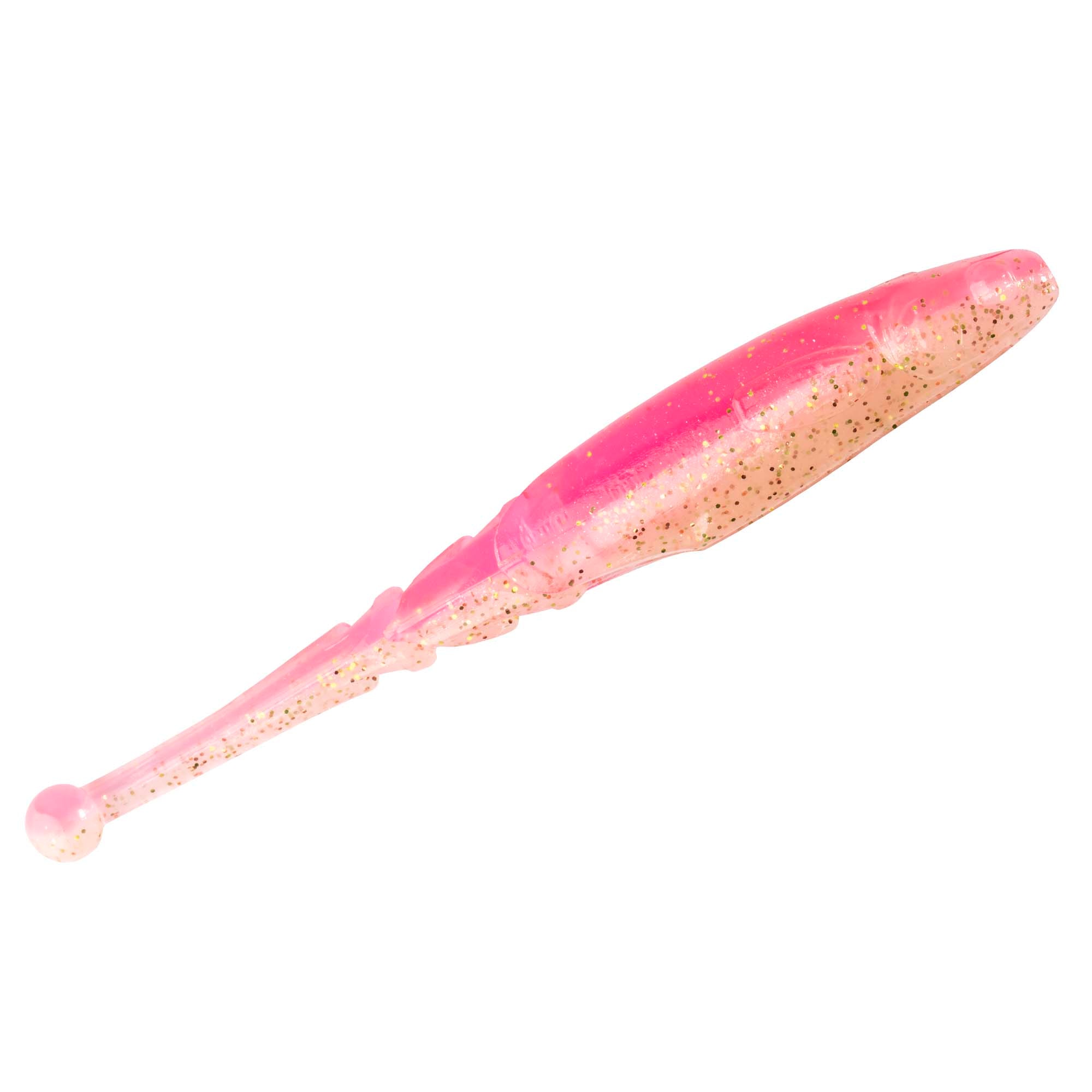 Pink glitter soft fishing lure with speckled finish, tapered body and small bulb nose