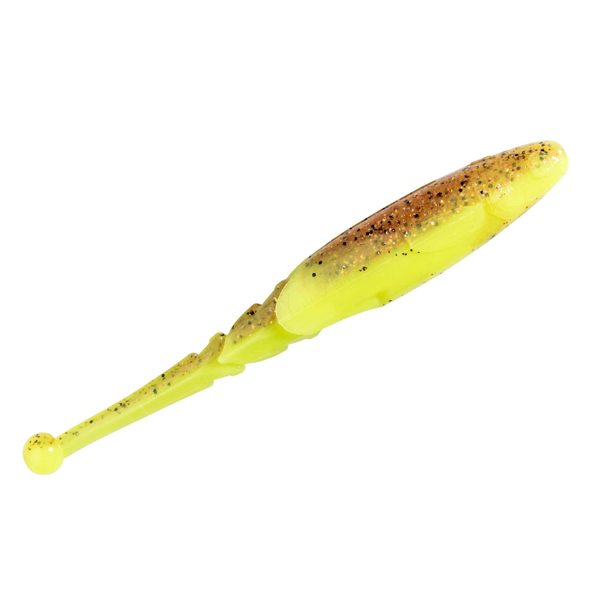 Neon yellow soft fishing lure with dark speckles and rounded yellow tail