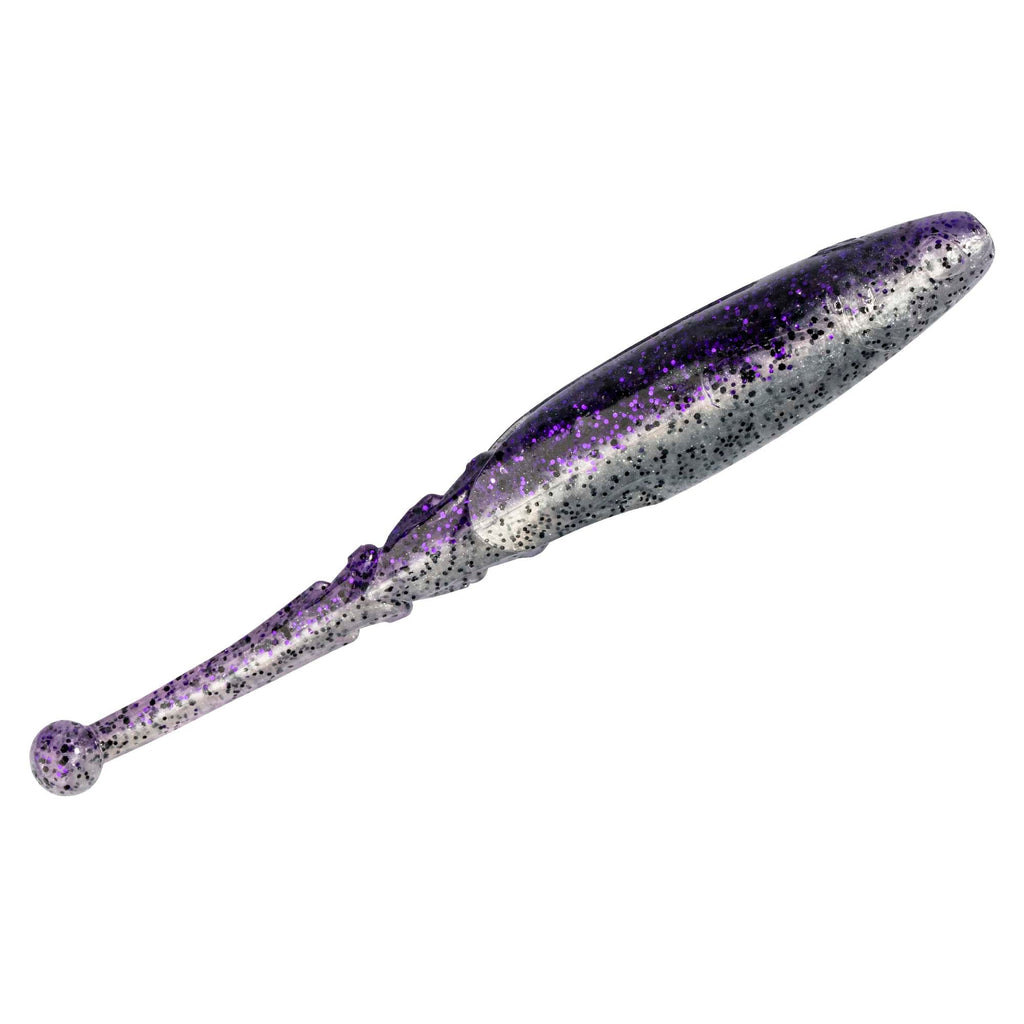 Purple and gray speckled soft fishing lure with glittery purple tail