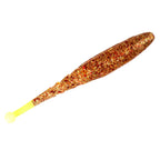 Orange glitter soft fishing lure with yellow tail tip, tapered body and bulb nose