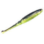 Dark blue and chartreuse glitter soft fishing lure with speckled body and bulb nose