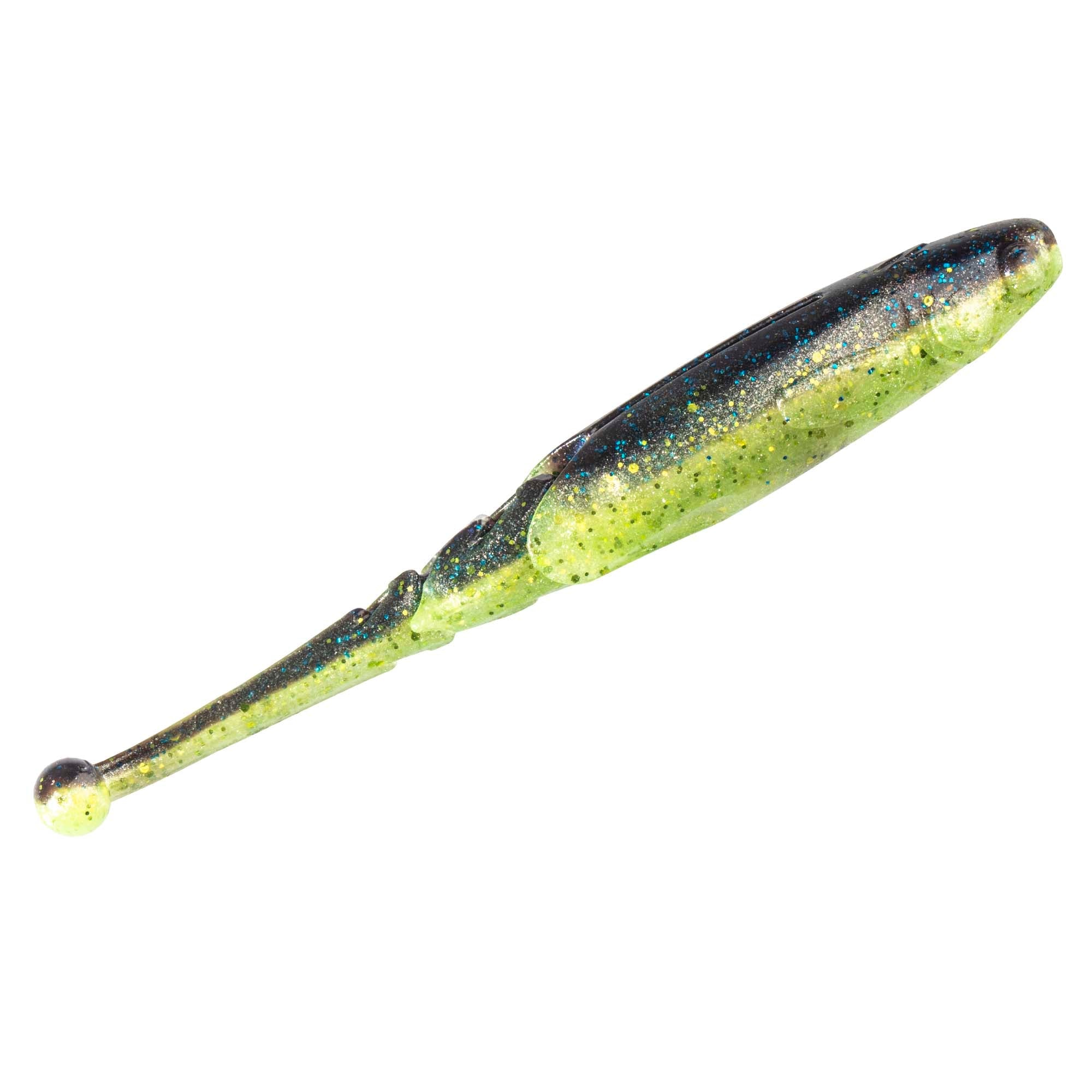 Dark blue and chartreuse glitter soft fishing lure with speckled body and bulb nose