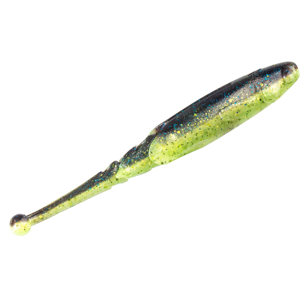 Green and black glitter soft fishing lure with neon-yellow tail