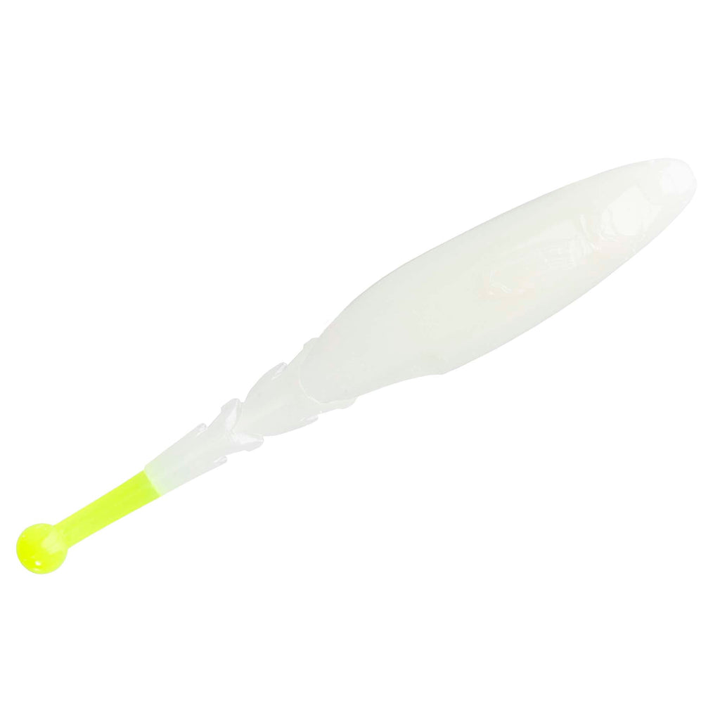 Translucent white soft fishing lure with bright neon yellow tail, tapered body and bulb nose