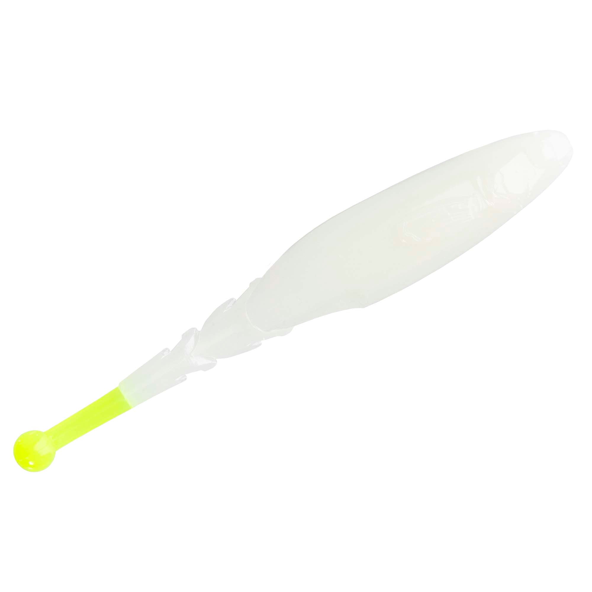White translucent soft fishing lure with neon-lime yellow tail