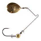 Spinnerbait lure with gold oval blade, silver skirt skirt material, yellow eye, black hook