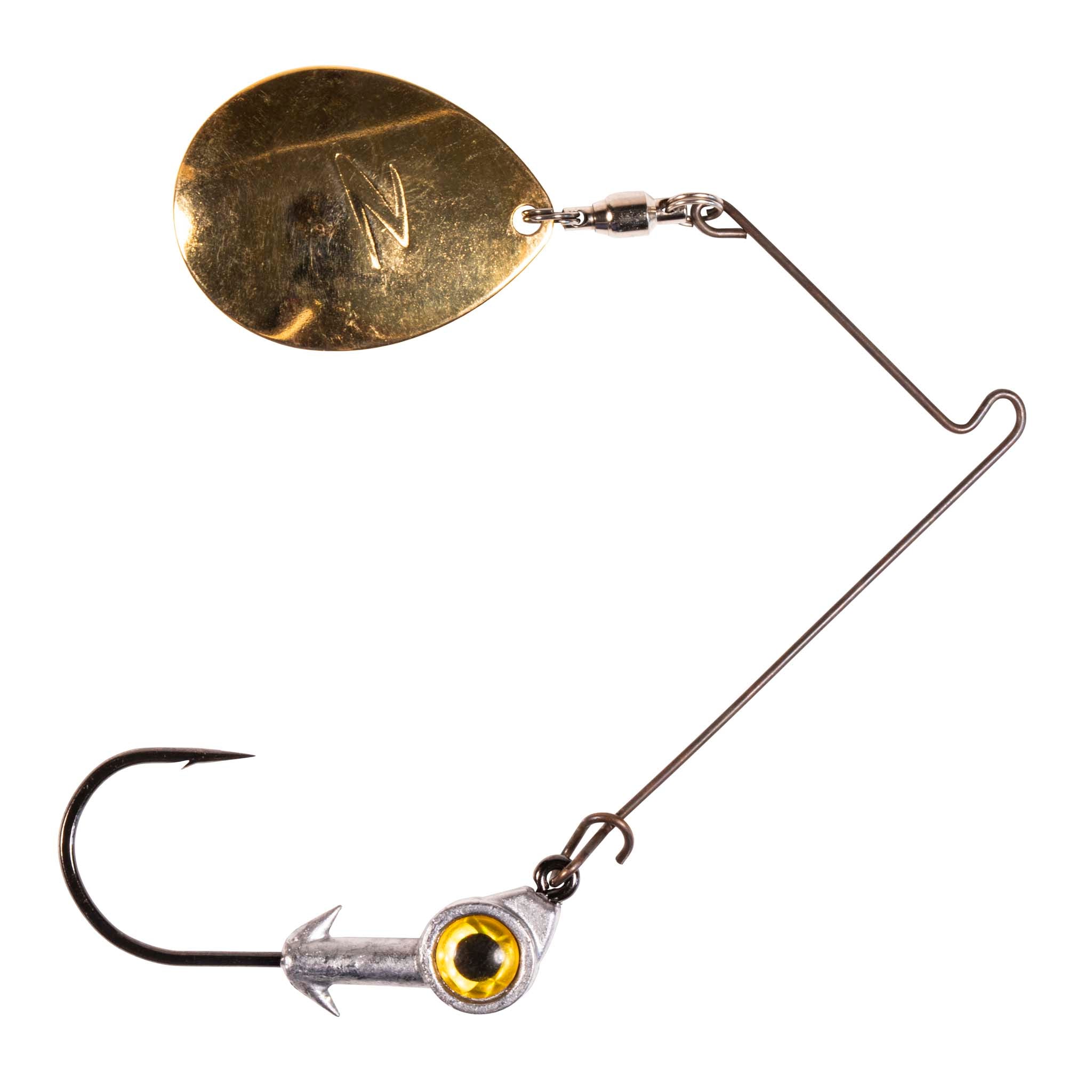 Spinnerbait lure with gold oval blade, silver skirt skirt material, yellow eye, black hook
