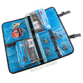 Blue fishing bait binder case with clear pockets, zipper and adjustable straps