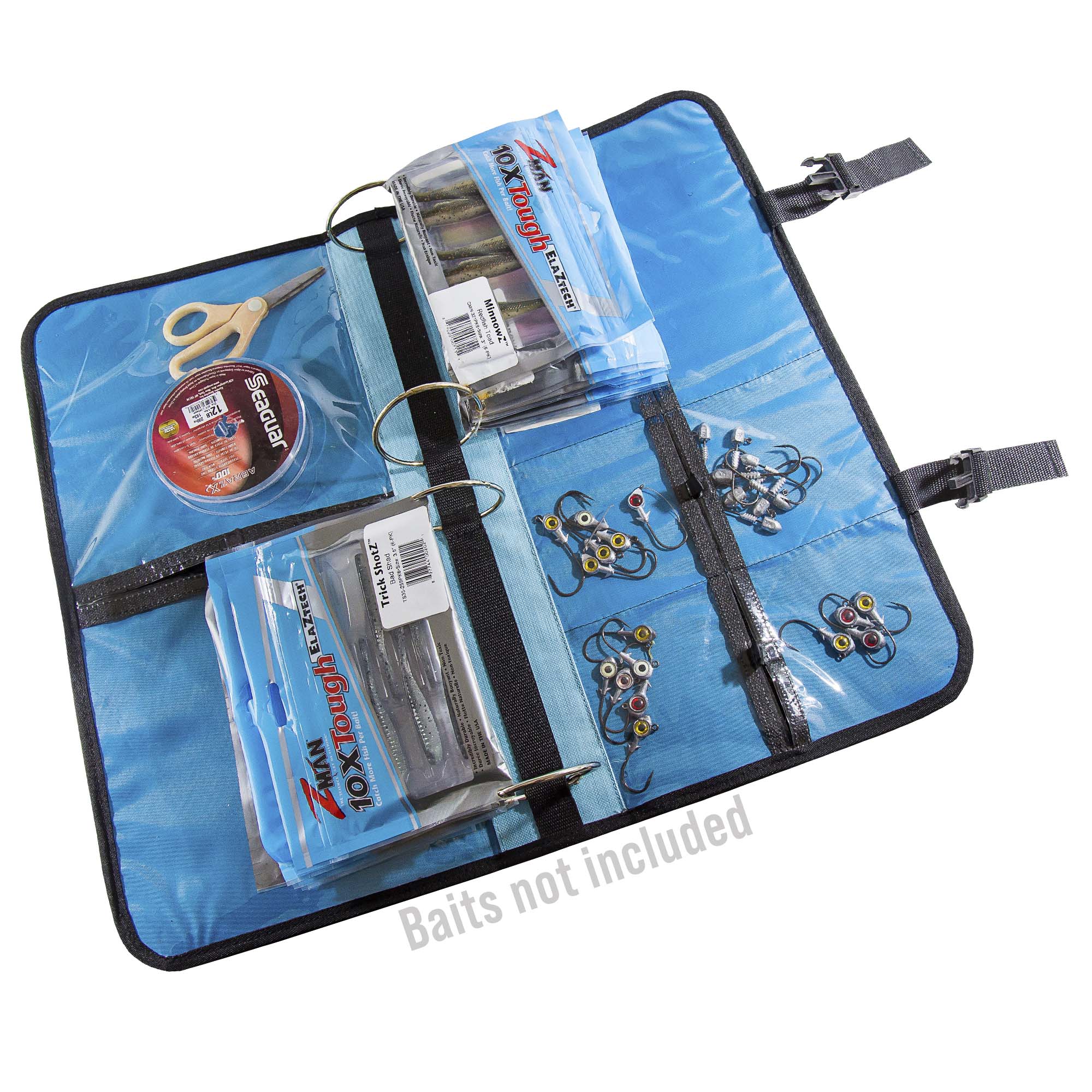 Blue fishing bait binder case with clear pockets, zipper and adjustable straps