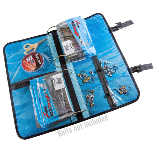 Blue fishing bait binder case with clear pockets, zipper and adjustable straps