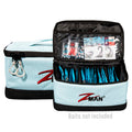 ZMAN bait storage bag with open organizer compartments and zipper top, light blue and black