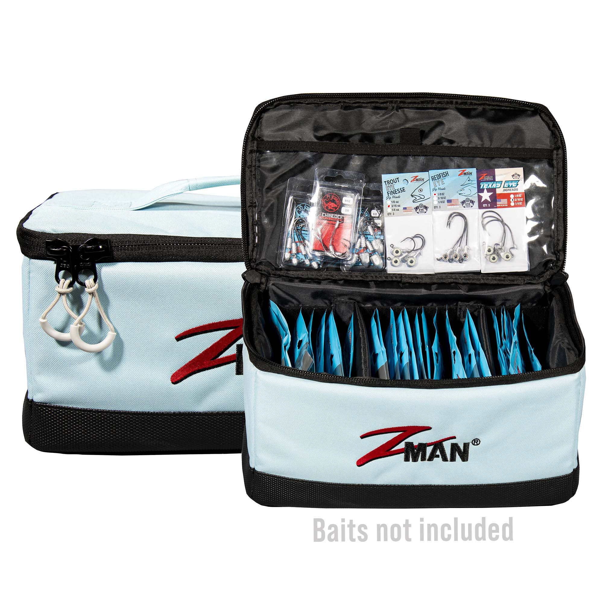 ZMAN bait storage bag with open organizer compartments and zipper top, light blue and black