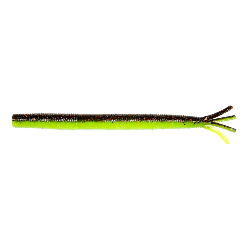 Neon green fishing lure with glitter body and forked tentacle tail