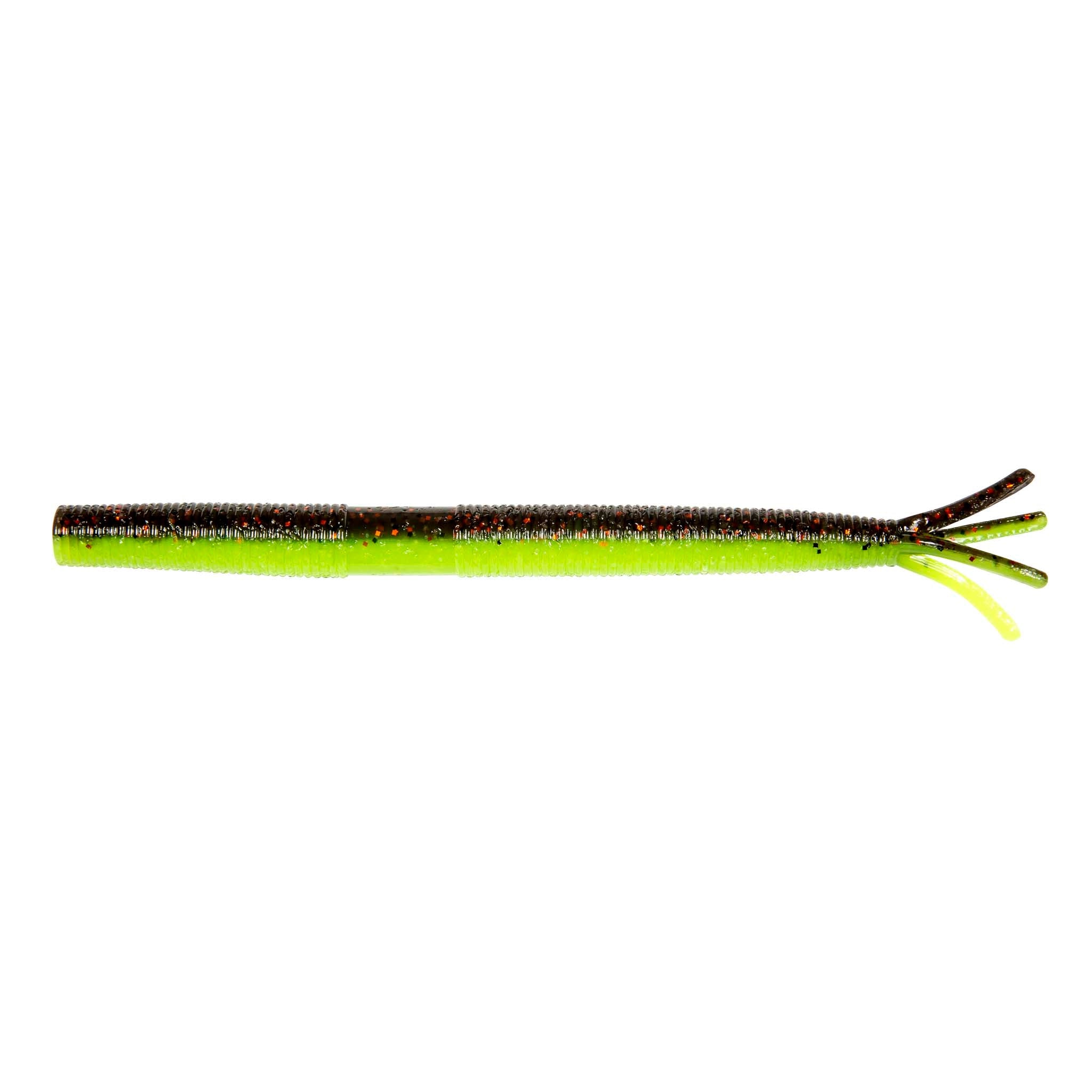 Neon green fishing lure with glitter body and forked tentacle tail