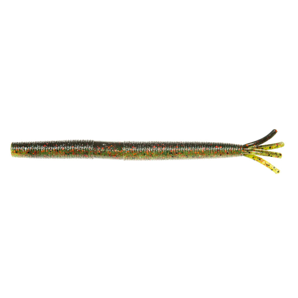 Speckled dark brown fishing lure with glitter body and forked tentacle tail