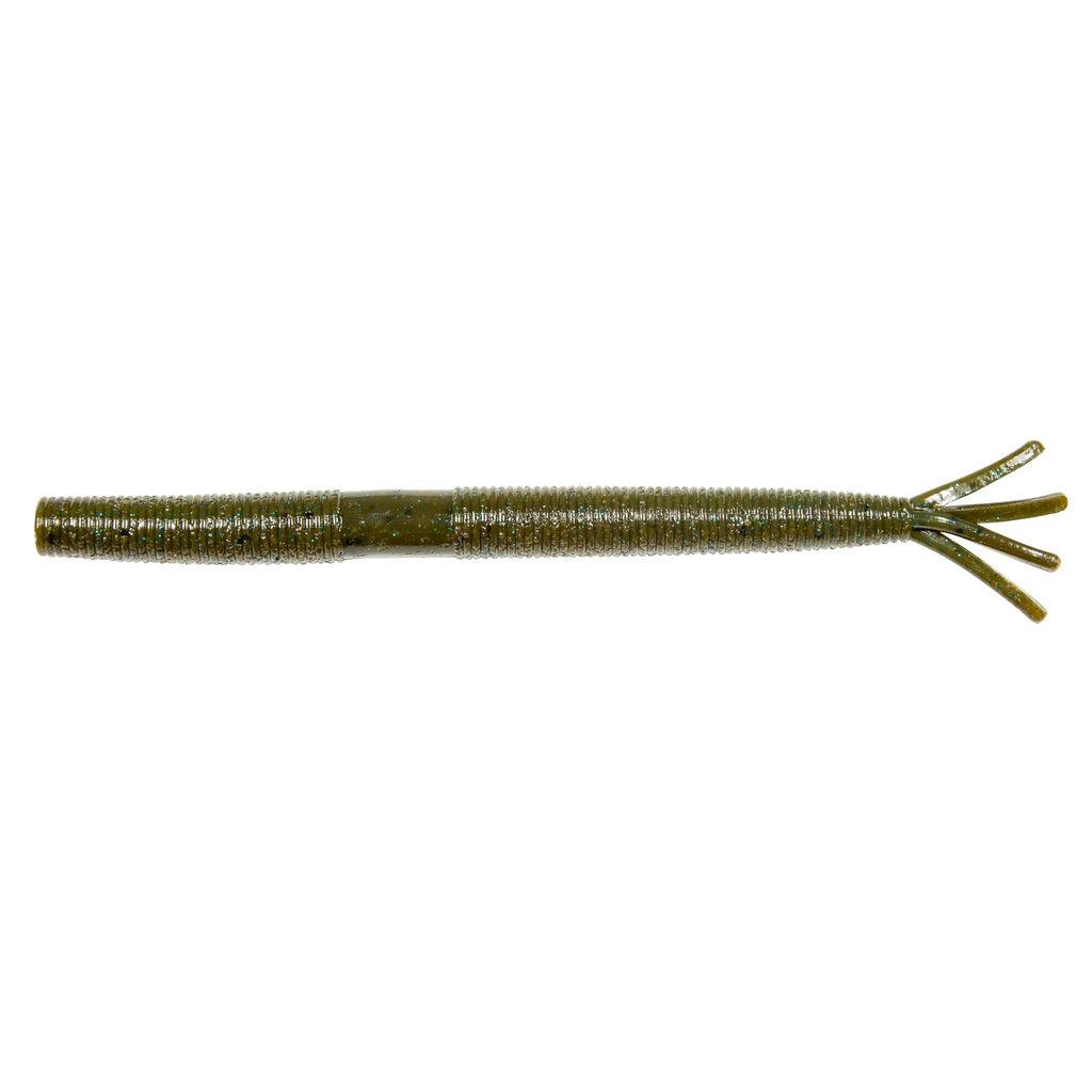 Olive green fishing lure with glitter body and forked tentacle tail