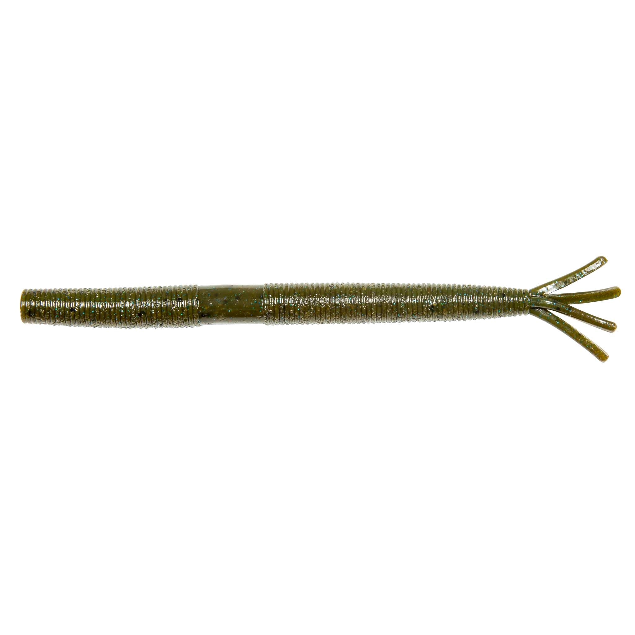 Olive green fishing lure with glitter body and forked tentacle tail
