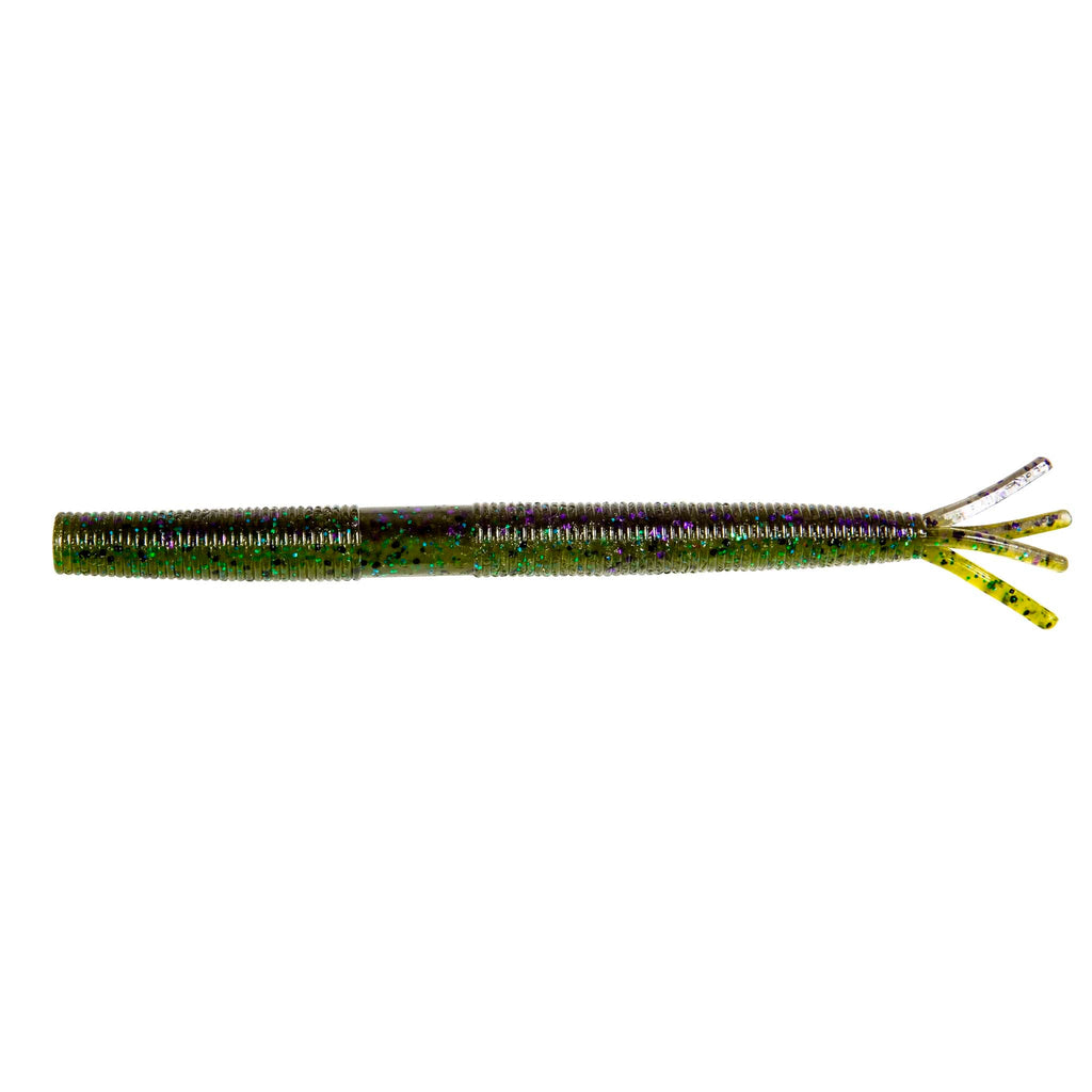 Olive green fishing lure with glitter body and yellow-tipped forked tail