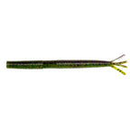 Olive green fishing lure with glitter body and yellow-tipped forked tail