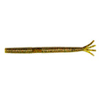 Green and gold glitter fishing lure with forked tail and segmented body