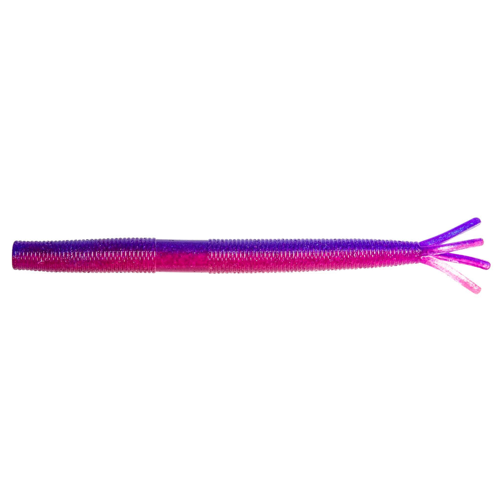 Purple and pink glitter fishing lure with forked tail, ribbed body
