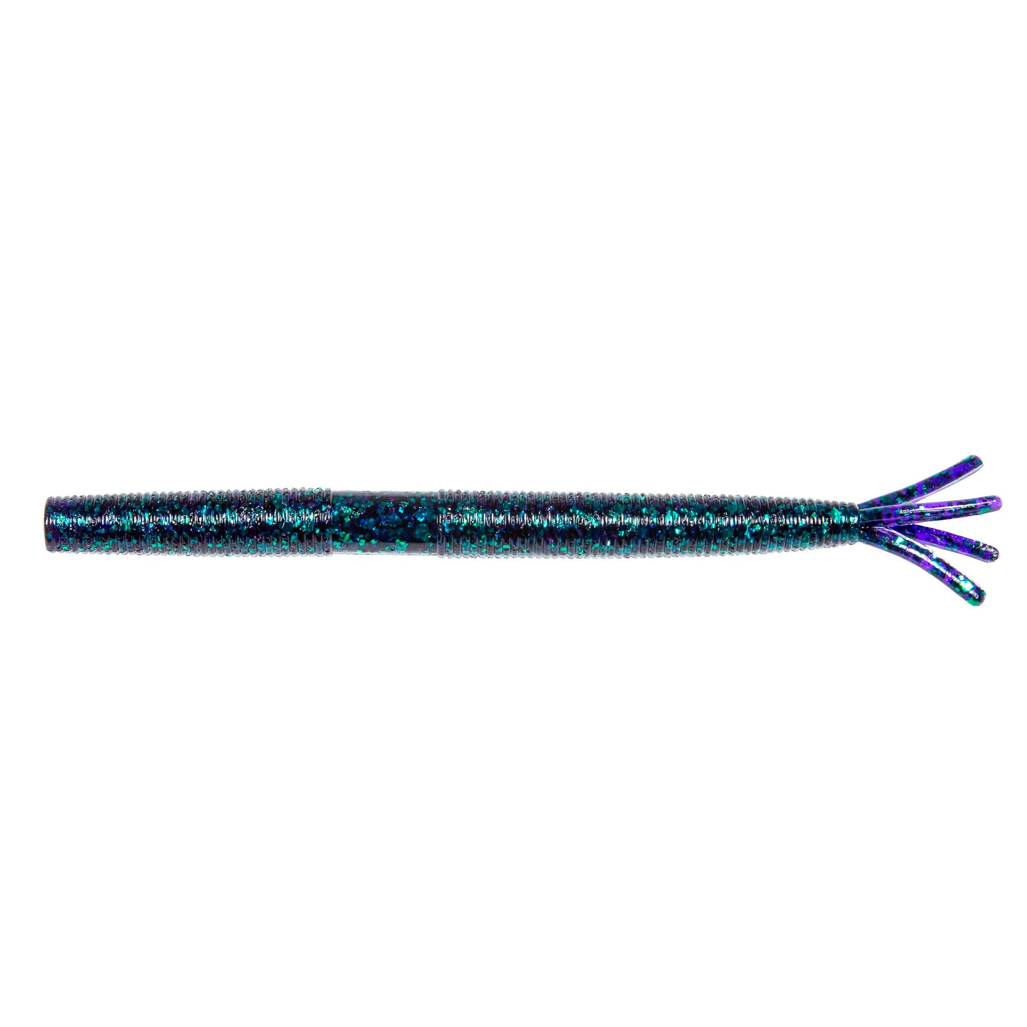 Blue and teal glitter fishing lure with forked tail and ribbed body