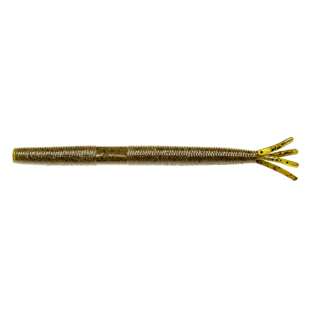 Gold-brown fishing lure with glitter body and forked tentacle tail
